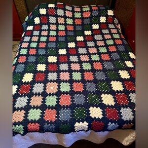 Crochet Granny Square Blanket Navy, cream, pink, burgundy, green 72 x59